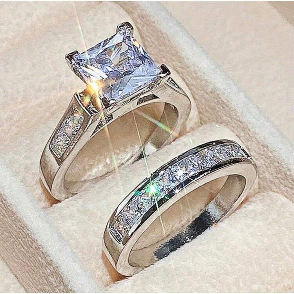Princess Cut Bridal Ring Set Silver Tone Engagement Wedding Band Set - Picture 2 of 5